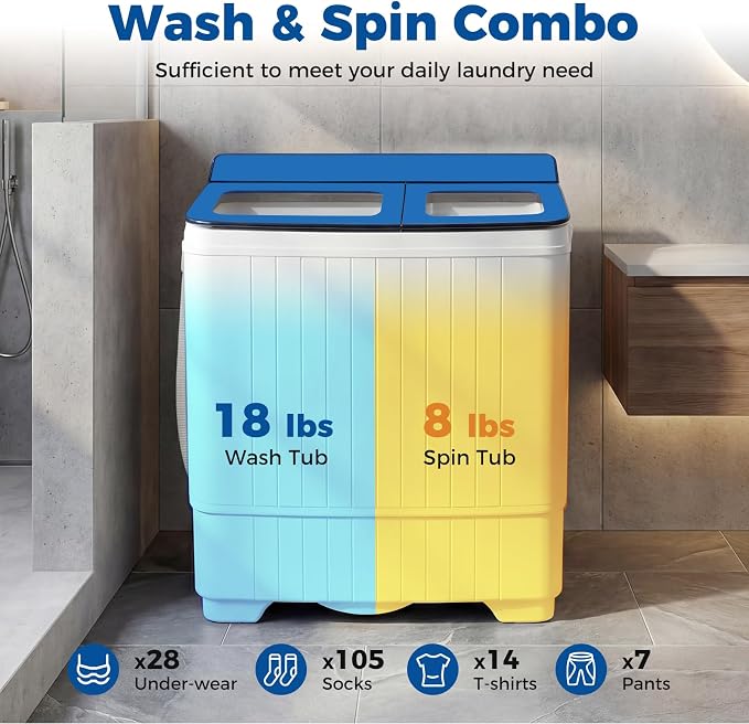Giantex Portable Washing Machine, 26LBS Twin Tub Mini Compact Laundry Washer Spinner Combo with Drain Pump, 18Lbs Washer and 8Lbs Spinner for Apartments, RVs, Dorms, Blue+White