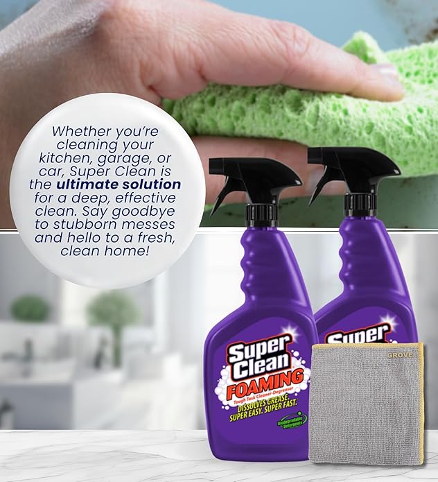 Super Clean Citrus Scent Foaming Cleaner and Degreaser Spray 32 oz Bundle with Microfiber Cloth - Heavy Duty Degreaser for Kitchen, Oil, Grime, and Dirt Removal - (3 Items)