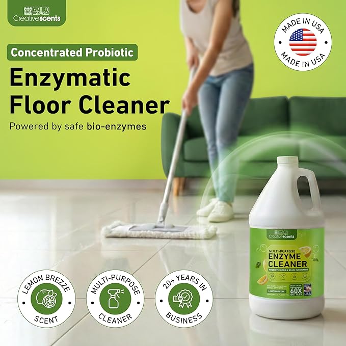Creative Scents Multipurpose Enzyme Cleaner & Odor Remover | Super Concentrated for Floor, Carpet | Pet Urine Odor Eliminator | Enzymatic Cleaner for Cat Urine & Dog Poop | 1 Gallon - Lemon Breeze