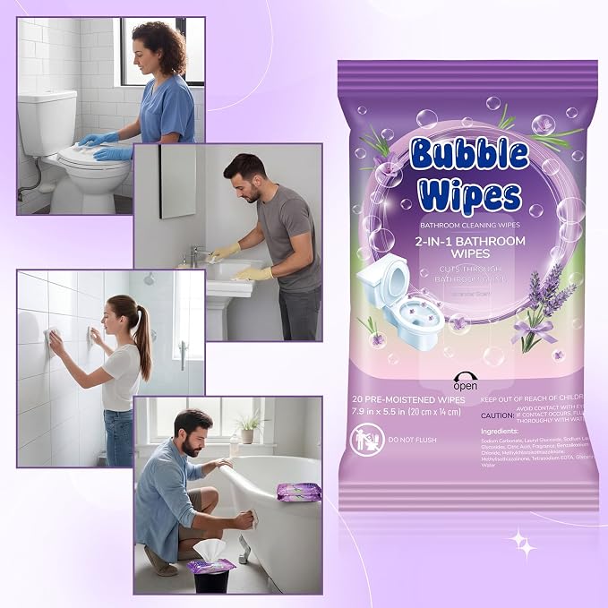 10 Pack Lavender Scent Bathroom Cleaning Wipes 200 Count 2-in-1 Wipes Cleaner for Bathroom Toilet, Sink, Tile & Shower -reusable Sealable Pouch, No Scrubbing Needed