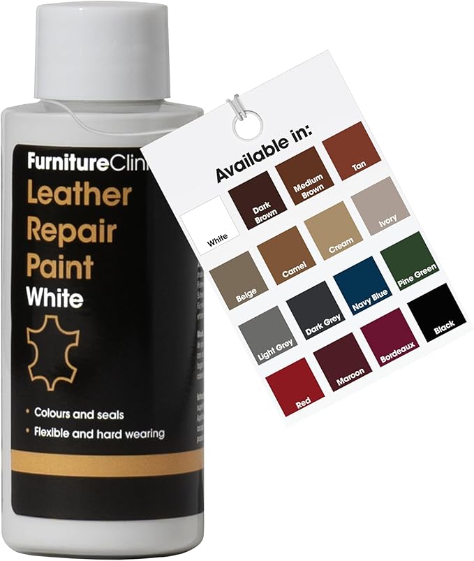 Furniture Clinic Leather Repair Paint | 2-in-1 Seal and Color | Use on Scratches, Tears, and Holes in Car Seats, Furniture | Quick and Easy Leather Repair Kit for Furniture (White, 50ml / 1.7oz)