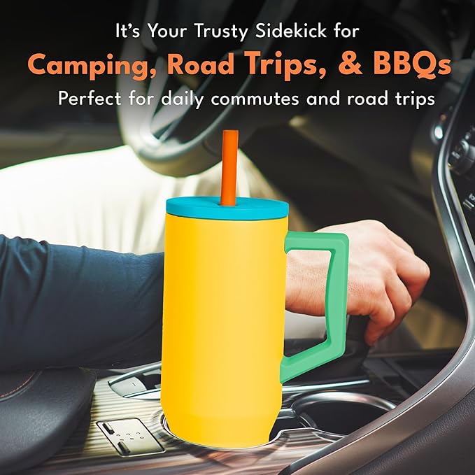 Elemental 40 oz Tumbler with Handle and Straw - Spill Proof Insulated Stainless Steel Commuter for Cold Beverages - Travel Coffee Mug with 2 Straws & Spill Proof Lid - 40oz - Lemon Zest