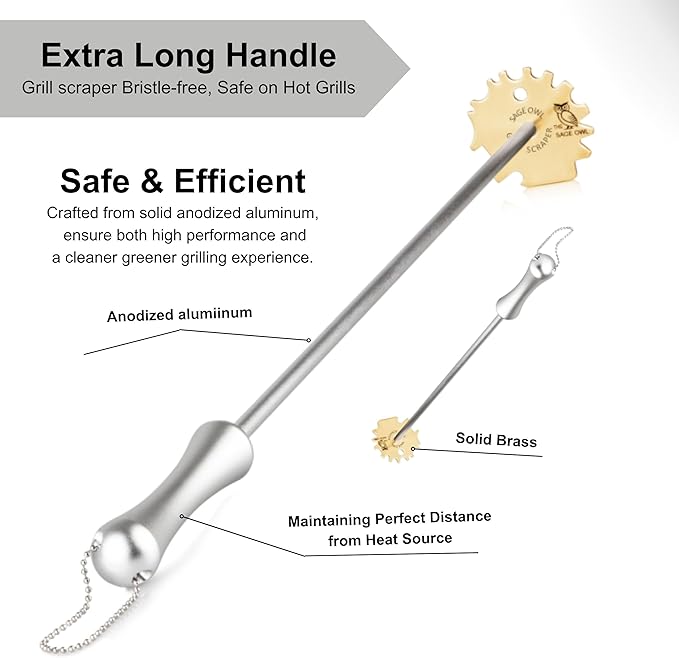 Sage Owl Bristle-Free Brass BBQ Grill Scraper with 17.5” Handle – Safe Universal Grill Cleaner for Outdoor Grills, Porcelain, Grilling Tools, and Kitchen Gadgets - Unique Gifts for Husband Birthday