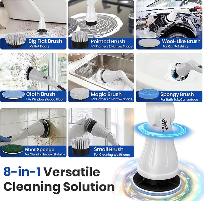 Electric Spin Scrubber – 8-in-1 Cordless Power Scrubber with 8 Brush Heads & Extendable Handle – Rechargeable Cleaning Brush for Bathroom, Shower, Tile, Grout, Tub & Floor