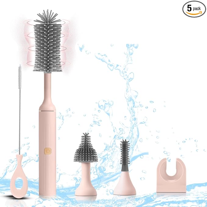 Electric Baby Bottle Brush Set with Rechargeable Electric Bottle Brush Cleaner and Replaceable Silicone Bottle Brushes and Straw Brush Cleaner, Waterproof Multi-Purpose Cleaning Brush(Pink)