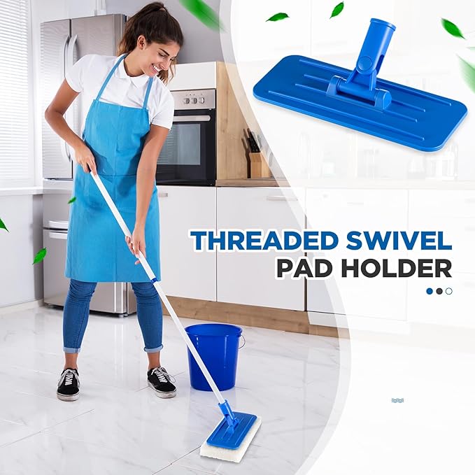 Maxdot 10 Pack Utility Pad Holder 9" x 3.75" Threaded Swivel Universal Cleaning Scrub Pad Holder for 4.5" x 10" Multipurpose Cleaning Brush Mat Compatible with Threaded Handles, Blue