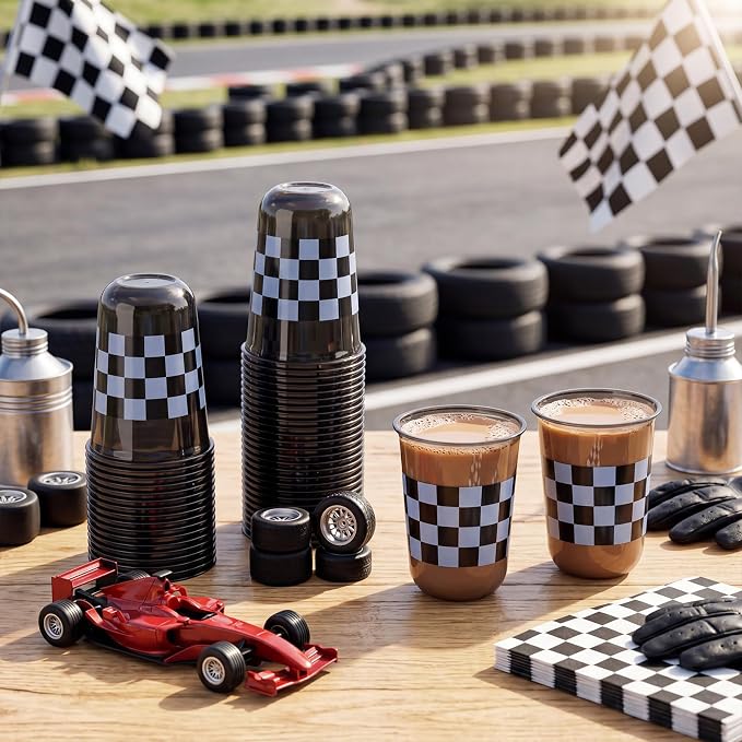Ziliny 50 Pcs 16oz Black Checkered Cups Racing Party Round Bottom Plastic Cups Party Decorations, Disposable Clear White Black Checkered Flag Cup for Racing Themed Birthday Drink Supplies Decorations