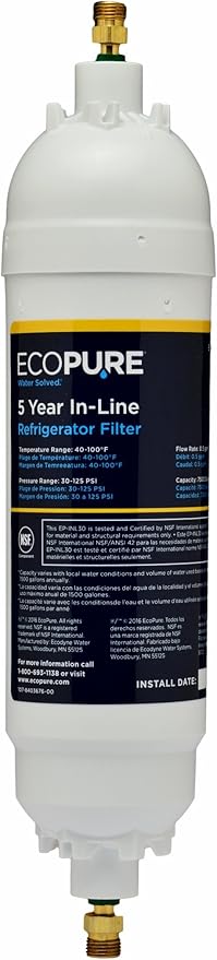 EcoPure EPINL30 5 Year in-Line Refrigerator Filter-Universal Includes Both 1/4" Compression and Push to Connect Fittings, White & Affresh Washing Machine Cleaner, 6 Month Supply