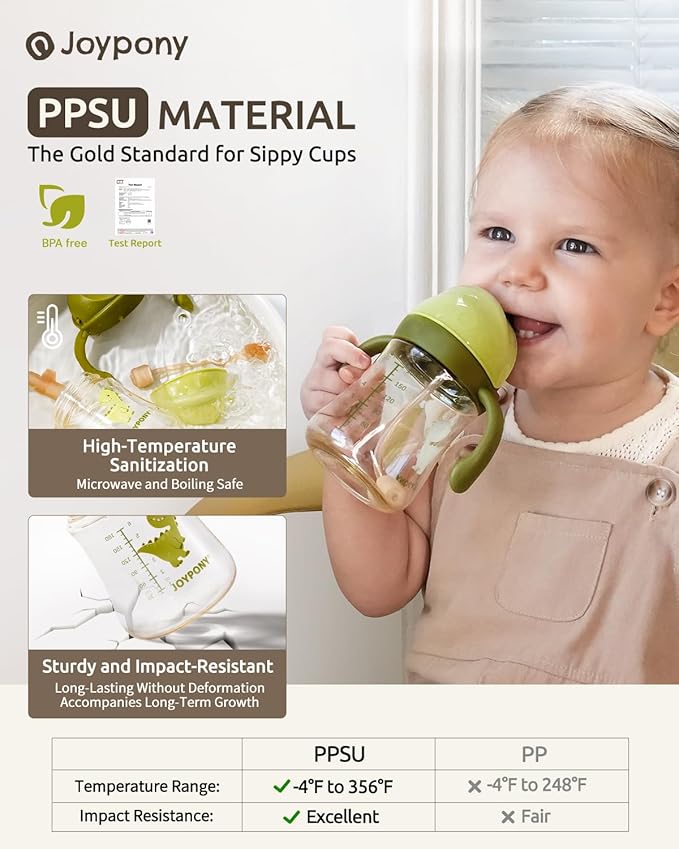 Joypony Baby Sippy Cups 6-12 Months, Spill Proof Weighted Straw Cup with Handle for Toddlers 1-3, 2 Pack, Total 4 Silicone Straws, PPSU, BPA Free, 6 oz (Green)