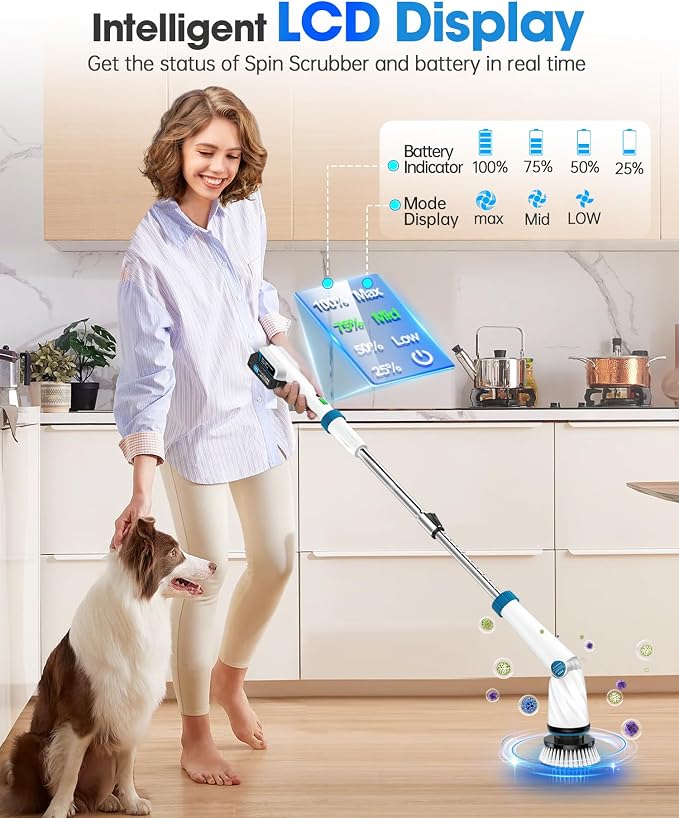 Electric Spin Scrubber, Electric Scrubber for Cleaning, 1200 RPM Shower Scrubber, 50inch Long Handle Electric Cleaning Brush 2000mAh Battery Cordless Power Spin Scrubber with 8 Brushes