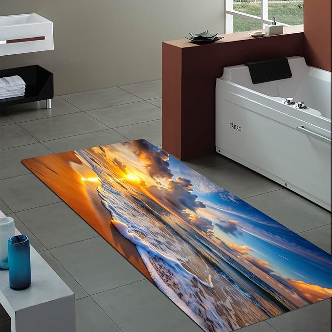 WODEJIA Non Slip Bath Rugs Sponge Foam for Bathroom,Flannel Mat Rug for Living Room, Absorbent Water Clearance MatS for Forlaundry Room and Kitchen, Sunset Beach Decor Welcome Mat 47x18 Inches