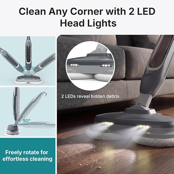 OLIXIS Steam Mop, All-in-One Scrubbing Steam Mops for Floor Cleaning with Rotating Pads, Floor Steamer with 2 LED Lights, 4 Cleaning Modes, Swivel Steering, 16.4 FT Cord, Safe for Hardwood and Tile