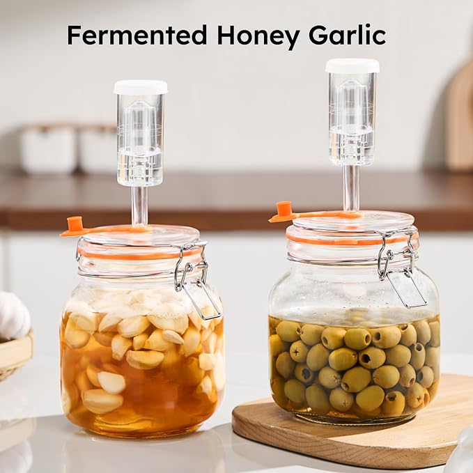 Jillmo 1 Liter Fermentation Jar, Square Glass Fermenting Kit with Weight for Making Sauerkraut, Hot Sauce, Mead, Cider and More, Pack of 2