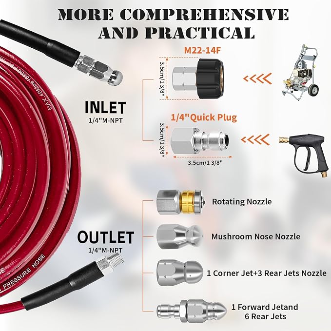 Sewer Jetter Kit for Pressure Washer 200FT, 5800PSI Drain Cleaner Hose with 1/4 Inch NPT Corner, Rotating Nozzle and 4 Different Button Nose Sewer Jet Nozzles, Waterproof Tape and 2 Spanners (Red)