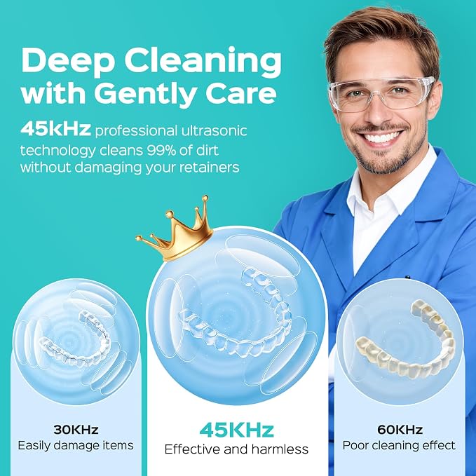 COSLUS C60 Ultrasonic Retainer Cleaner Machine: 45kHz Professional Dental Cleaning Pod for Denture, Mouth Guard, Aligner & Jewelry Deep Cleaning - Removable Tank, Upgraded Durable for Home Use, White