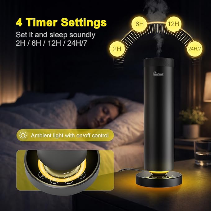 Waterless Diffuser,1500 Sq Ft,USB Plug-in & Rechargeable，Ring Ambient Light,Aluminum,Remote Control&Touch Buttons,Adjustable Fragrance Intensity&Timer,Hotel Collection Scent Machine - Black