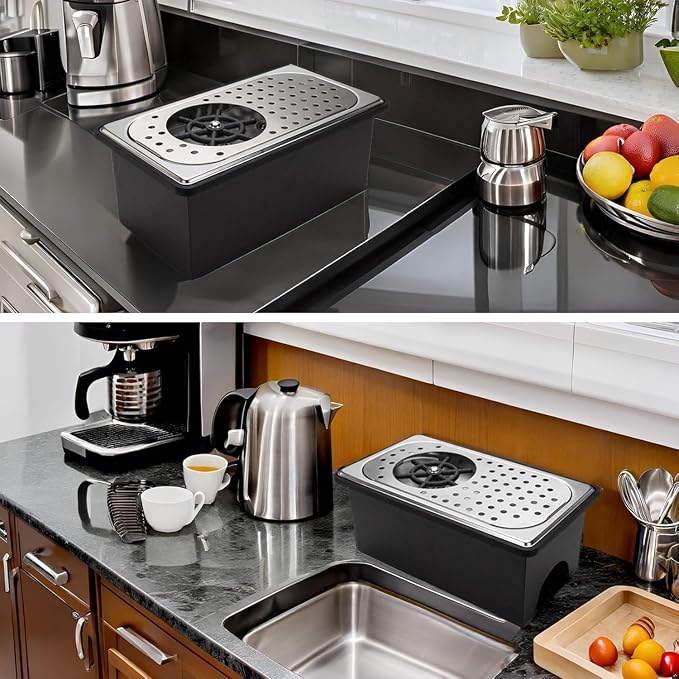 DIBTSA Pitcher Rinser with Base and Drip Tray, Stainless Steel Countertop Glass Rinser Cup Washer Sink with Side Spray, 13.38" x 7.48" x 5.7", Silver A