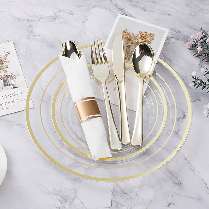 BESTVIP 175PCS Clear Gold Plastic Dinnerware Set, Disposable Party Plates for 25 Guests, Include: 50 Plastic Plates, 25 Pre Rolled Napkins with Silverware, 25 Cups for Christmas, Halloween