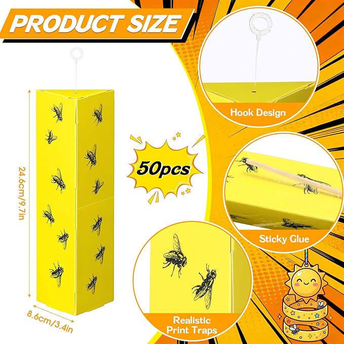50 Pack Sticky Fly Traps, Yellow Gnat Killer with 3D Foldable Design, Non-Toxic Odorless Bug Catcher with Hook for Indoor Outdoor Flies, Mosquitoes, Moths, Whiteflies, 9.84 x 3.54 x 2.56 Inch