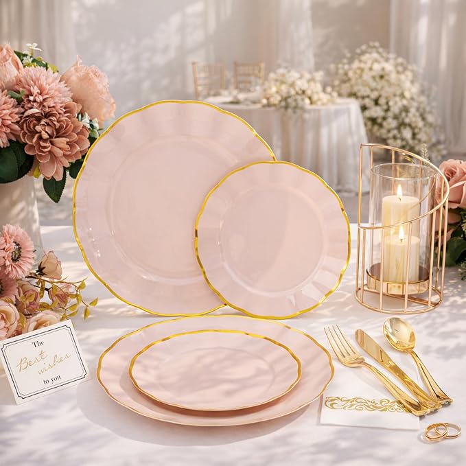 LIYH 350 Pcs Pink Plastic Plates for Party Pink Plastic Dinnerware Set for 50 Guest 100 Disposable Plates 150 Gold Plastic Silverware 50 Gold Cups 50 Napkins Perfect for Wedding Birthday