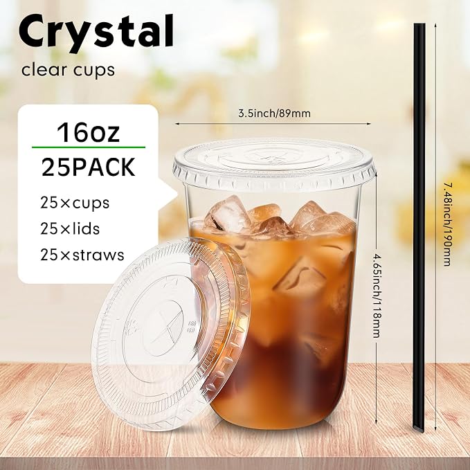 Ziliny 25 Set Clear Plastic Cups with Lids and Straws, Disposable Iced Coffee PET Cups for Drinking Cold Beverage Juice Parfait Smoothie Milkshake Coffee Shops Party Supplies (16 oz)