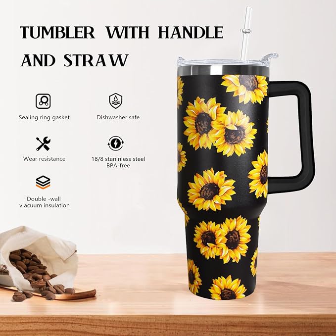 Ceovfoi Sunflower 40 oz Insulated Stainless Steel Tumbler with Handle and Straw