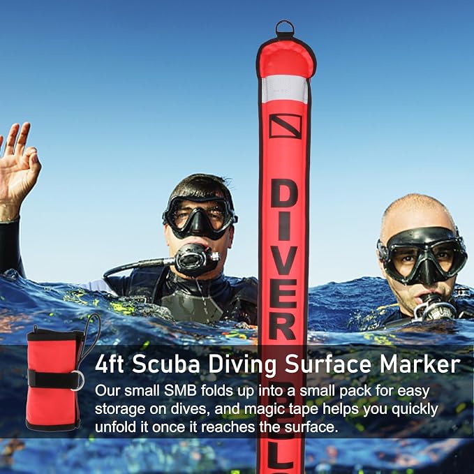 4ft Surface Marker Buoy, Hi-Vi Inflatable Scuba Signal Tube with Reflective Strip, Scuba Diving Open Bottom Float (SMB) for Underwater Diving Snorkeling