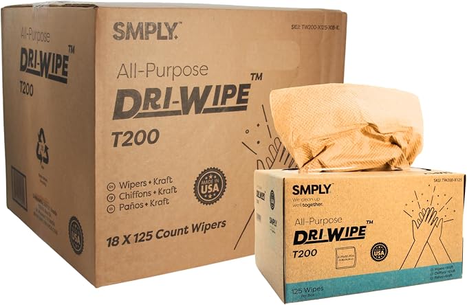 Dri-Wipe™ T200 by SMPLY Brands – Two-Ply Center-Pull Kraft Wipes, 18 Boxes of 125 (2,250 Total) – All-Purpose Disposable Wipes for Retail, Food Prep, Window Cleaning, and Light Spills