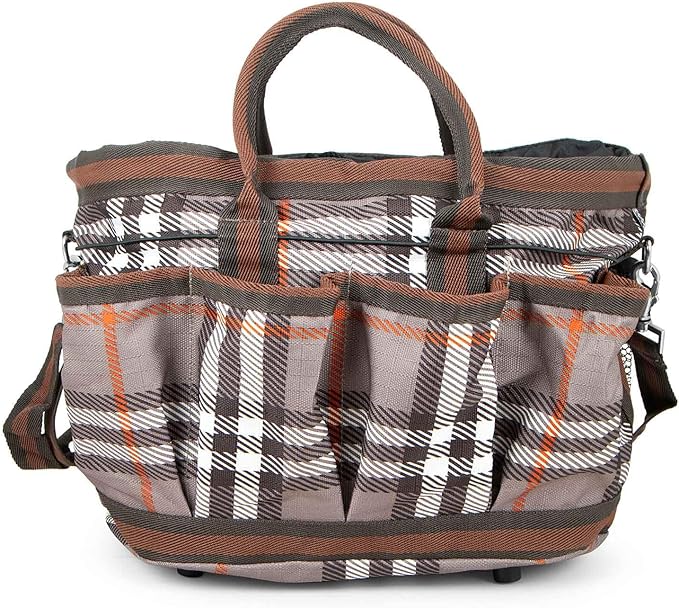 Jeffers Poplar Head Grooming Bag – Horse Grooming Organizer Tote with Pockets for Brushes, Tools, Clippers, Shampoo, Detangler – Stable Barn Kit Carrier for Horses, Pets, Plymouth Brown Plaid