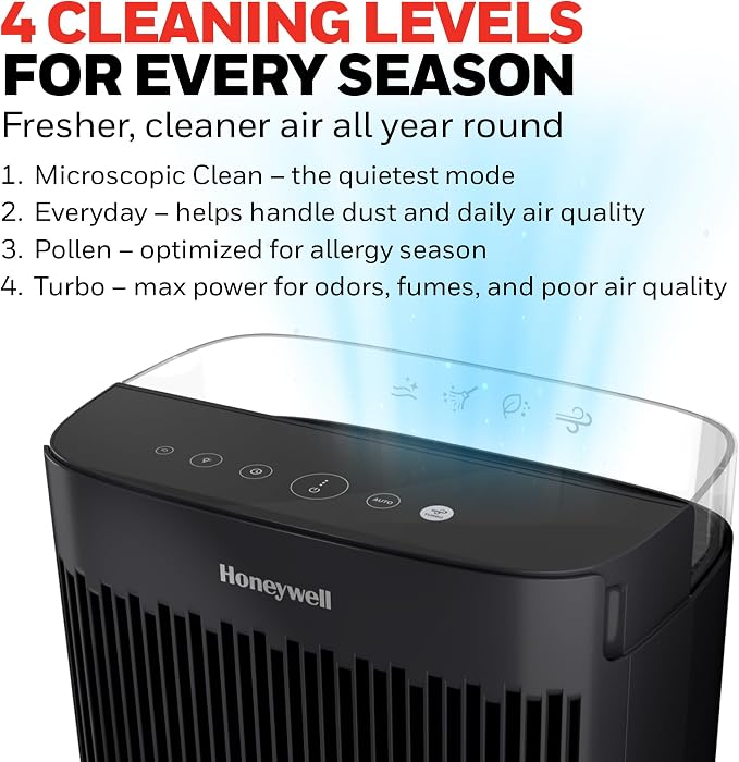 Honeywell Allergen Plus HEPA Air Purifier for Home, Large Rooms up to 900 Ft², Turbo Clean, HEPA Filter Reduces Dust, Pollen, Pet Dander, All Smoke Types, Odors, Black, HPA5100B