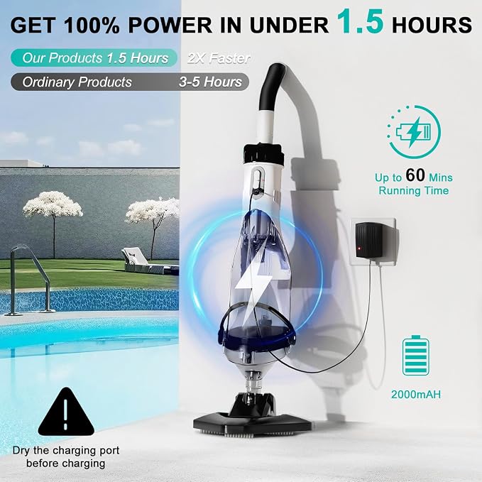 Cordless Above Ground Pool Vacuum, 19 GPM Handheld Spa Hot Tub Vacuum Cleaner with 60" Extendable Pole, 60 Min Running Time, Ideal for Cleaning Debris and Sand Underwater