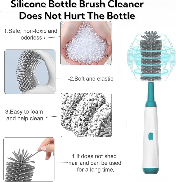 Electric Bottle Brush Set, 6-in-1 Electric Cleaning Brush with Waterproof Silicone Cleaner, 3 Replaceable Brush Heads, Straw Brush & Extension Rod, for Baby Feeding Supplies and Kitchen Utensils