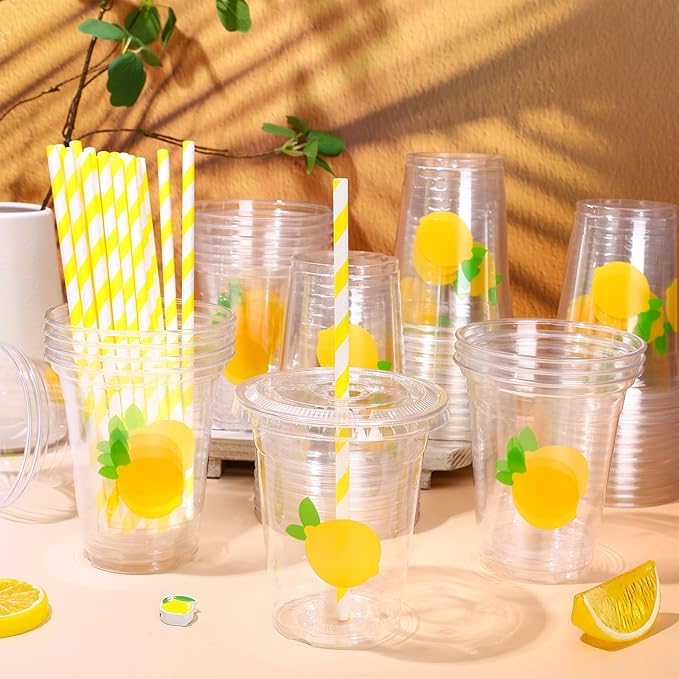 Whaline 50 Pcs Lemon Disposable Plastic Cups with Lids and Straws, 12 Oz | Yellow Summer Fruit, Cold Beverage Drinking Cups, for Birthday Baby Shower Party Supplies