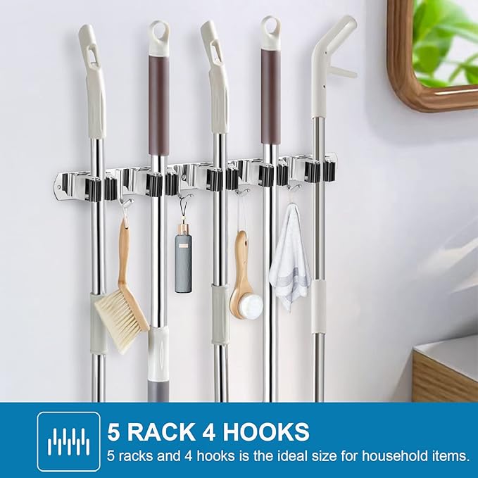 IMILLET 2 PACK Stainless Steel Mop and Broom Holder and 1 PACK Wooden Broom Holder