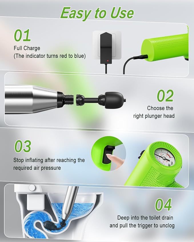 Ublue Electric Toilet Plunger, 4 in 1 High Pressure Toilet Unclogger with Multi-Purpose Heads & Automatic Inflation, Heavy Duty Drain Clog Remover for Bathroom, Washbasin and Floor Drain