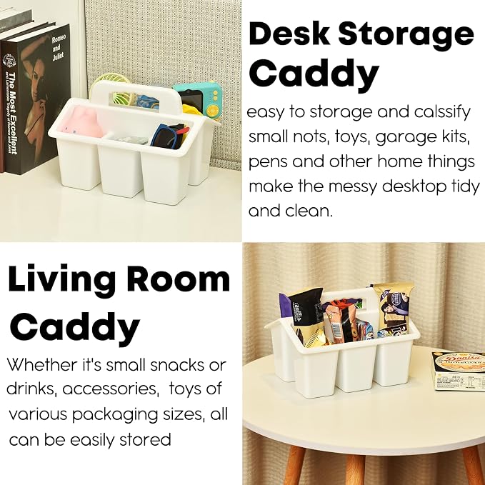 ALINK Classroom Caddy Storage Basket with Handle, 6 Pack Plastic Arts Office Crafts Caddy 4 Compartments for Kids, Pencil, Crayon, Marker, School Supplies - White