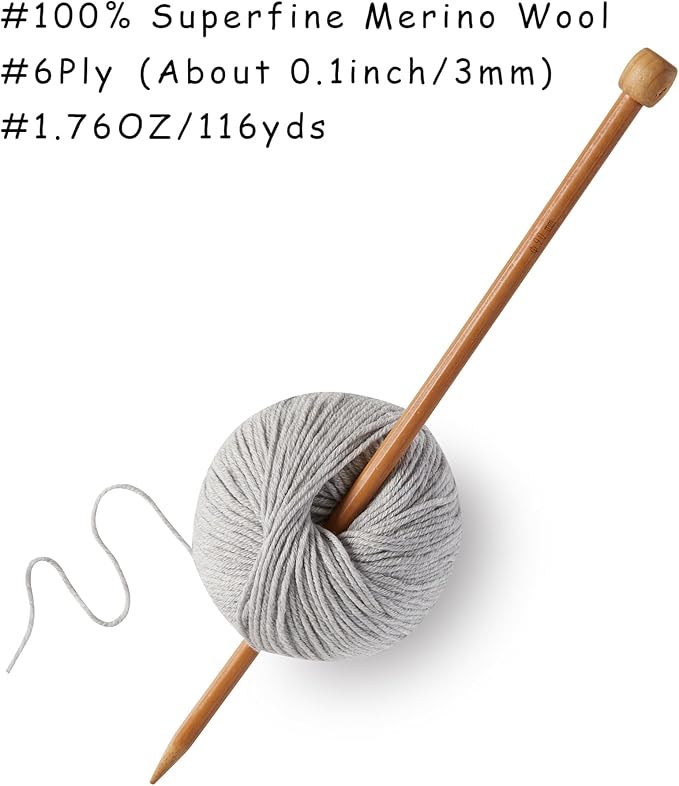 100% Merino Wool Yarn, 6-Ply Luxurious and Soft Yarn for Hand Knitting & Crocheting, 1.76 OZ/50g, 127 yds/116 Meters (Light Gray, 1 Ball)