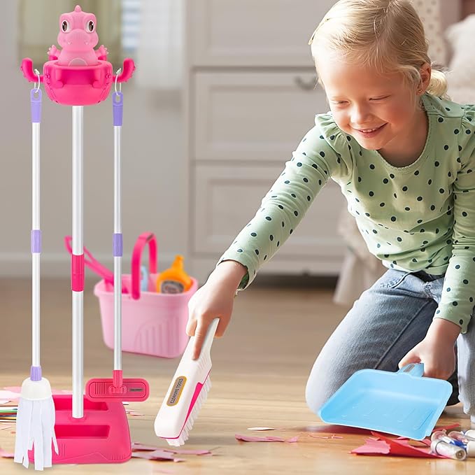deAO Kids Cleaning Toy Set Toddlers Cleaning Set Housekeeping Pretend Play Toy Cleaning Set Kids Broom and Mop Set for Ages 3+ Christmas Birthday Toys for Girls Boys