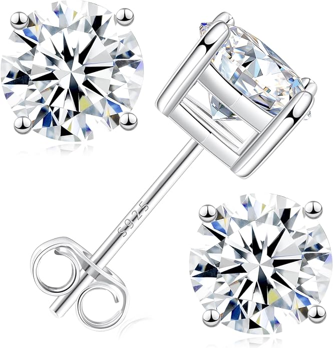 Moissanite Stud Earrings, 0.6–3.0ct Lab Created Diamond Earrings for Women & Men, D Color VVS1 Clarity, 925 Sterling Silver, 14K White Gold Plated, Hypoallergenic Solitaire Studs Jewelry Gift