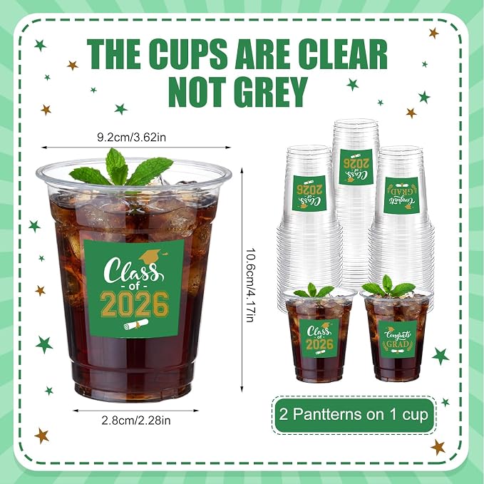 Amyhill 100 Pack 12oz Graduation Cups 2026 Graduation Decorations Disposable Plastic Cups Sturdy&Durable Drinkware for Class of 2026 Decorations Congrats Grad Party Favors Supplies (Green)