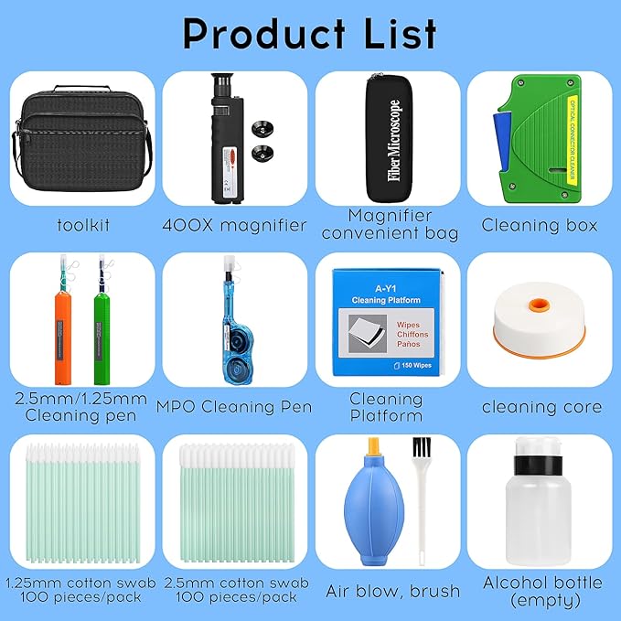 14 in 1 Fiber Optic Cleaning Tool kit with 400x Optical Microscope SC LC MPO Cleaner Pen and 2.5mm 1.25mm MTP Cleaning Box with Replace core