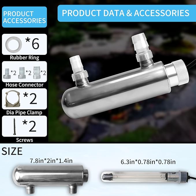 UV Pond Water Clarifier for 20-300 Gallon, UV Light for Swimming Pool, Spa, Large Fish Tank, Cold Plunge, 12MM/16MM/20MM/Pipe Diameter Available Clarifier for Green Water