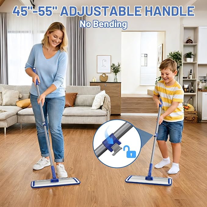 Microfiber Flat Mop for Hardwood Floors | 4 Washable Pads, 55" Professional Stainless Steel Handle, 360° Swivel, Wet/Dry Use for Tile, Laminate, Vinyl, Wall.