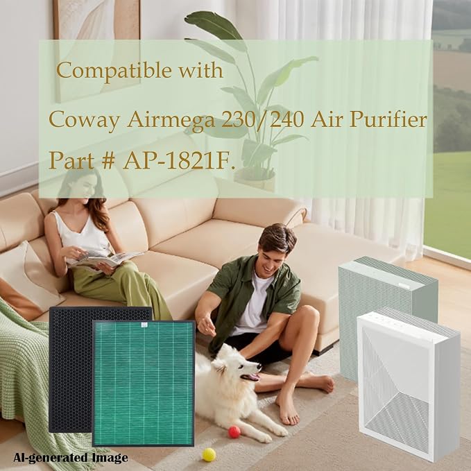 Airmega 230 Filter Replacement for Coway: Airmega 230/240 Air Purifier (AP-1821F) - Captures Particles as Small as 0.3 Microns for Pet Owners - 2 Pack Max2 Green Filter - 6-12 Months Cycle