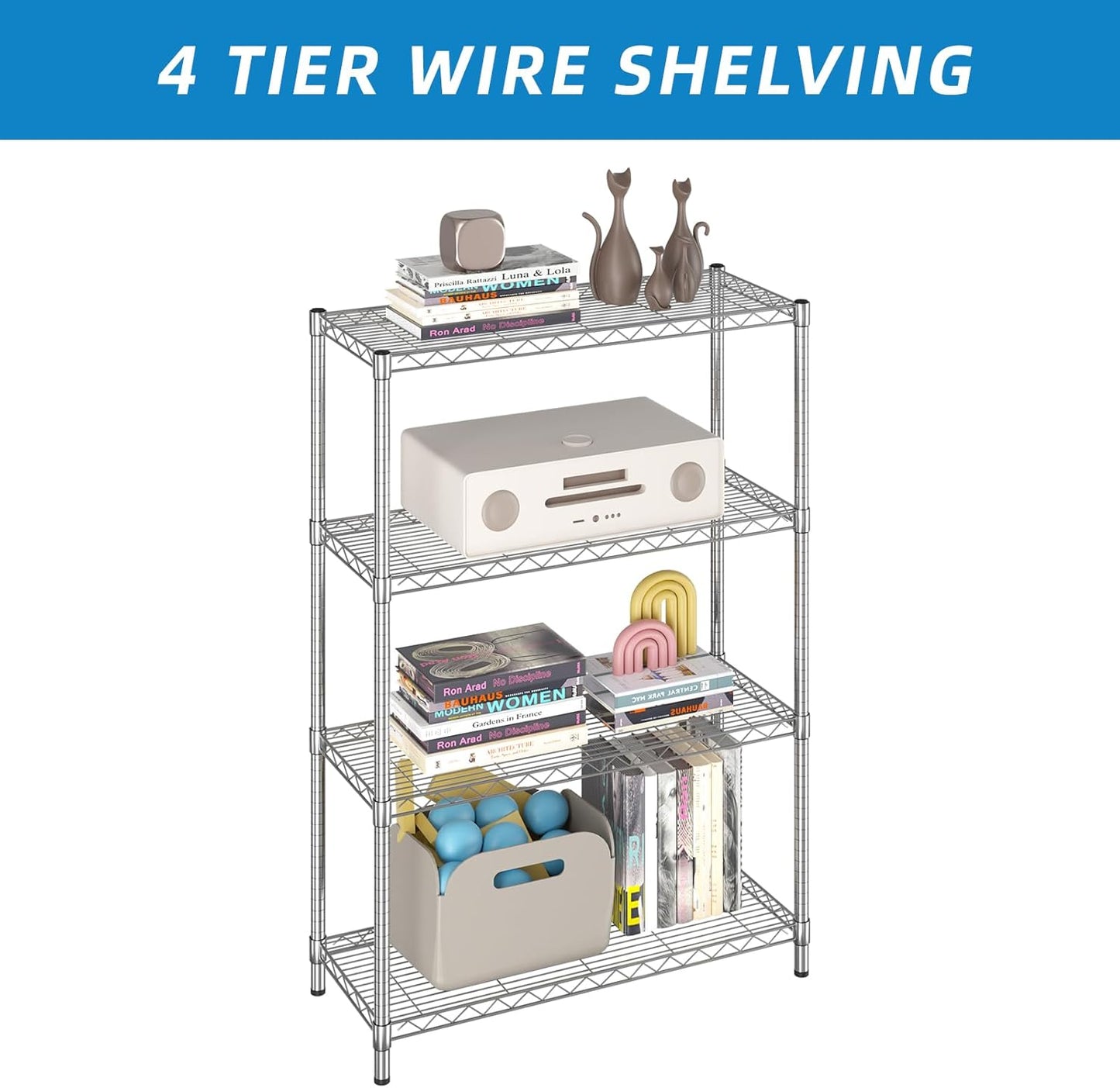 4-Shelf Adjustable Metal Shelf Wire Shelving Unit Storage Rack Display Shelf for Office,Kitchen,Bedroom,Bathroom,Laundry,Pantry Basement,Garage(Chrome,36" L x 14" W x 54" H)