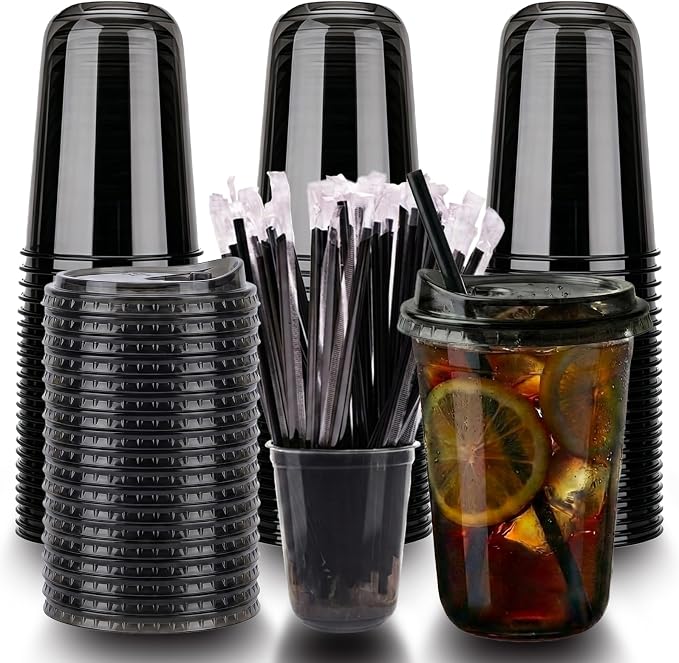 16oz Disposable Stemless Glasses With Strawless Sip Lids and Straws,PET Disposable Drinking Cups,Clear Plastic Wine Glasses for Parties Birthday,Wedding,Meeting,Party Supplies. (50, Black)