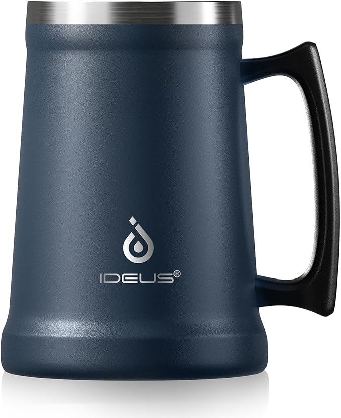 Ideus Insulated Beer Stein, 24/32oz Stainless Steel Double Walled Beer Mug Giant Bar Drinkware Metal Beer Cup with Big Grip Handle (Navy Blue, 24 ounces (710ml))