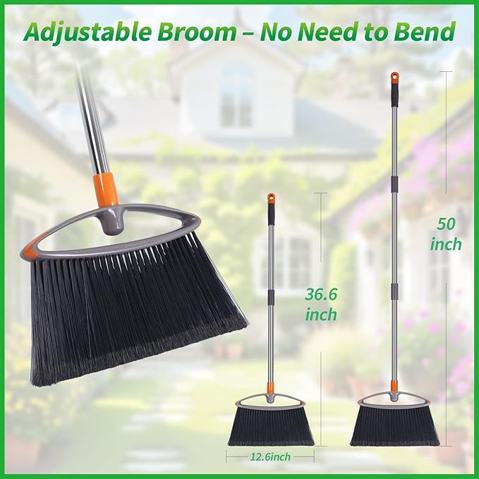 2 Pack Soft Bristle Broom for Pet Hair, Heavy Duty Collapsible Sweeping Broom for Indoor Hardwood Floors, Outdoor Deck, Kitchen, Patio, Stainless Steel Handle, Gray