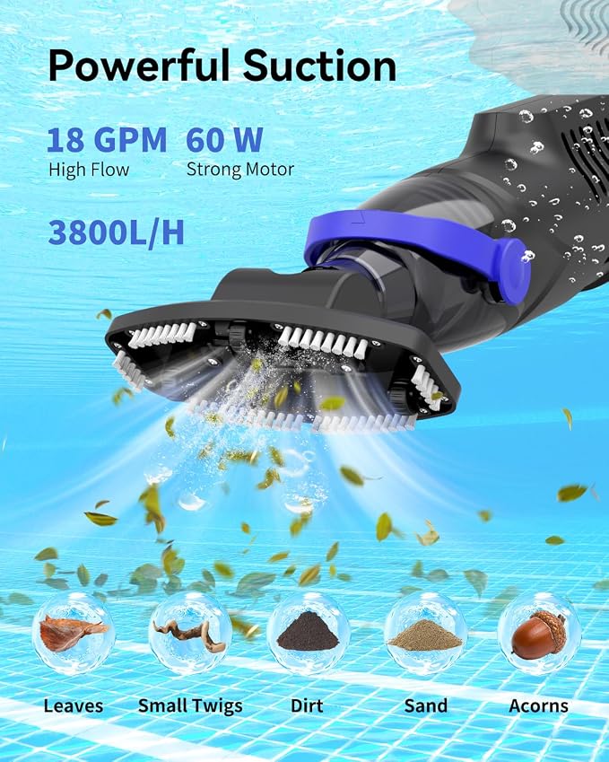2026 Upgraded Pool Vacuum for Above Ground, 18 GPM Powerful Suction Cordless Pool Cleaner, 60Min Runtime Handheld Rechargeable Pool Vacuum with 3-Head Cleaning System & 300/500 Mesh Filters