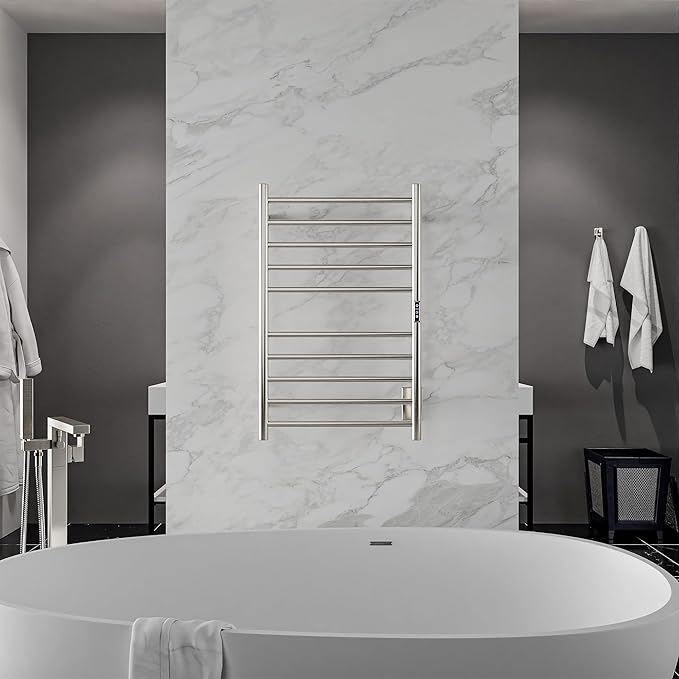 ANZZI Bali Modern 10-Bar Wall Mounted Towel Warmer in Brushed Nickel, Energy Efficient 80W Electric Plug in Heated Towel Rack for Bathroom, Towel Heater Rail with On/Off Switch, TW-AZ075BN